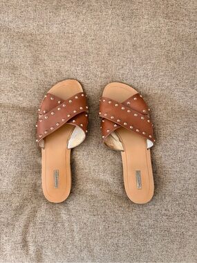 Louise et Cie Tan Studded Cross-Strap Slide Sandals